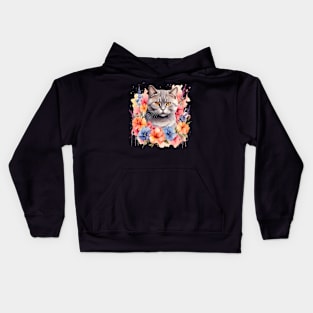 A british shorthair cat decorated with beautiful watercolor flowers Kids Hoodie